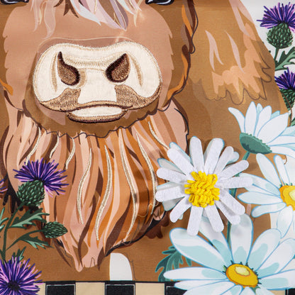 Highland Cow Welcome Friends applique garden flag brown embroidery by Evergreen Enterprises on Tampa Home & Garden Store
