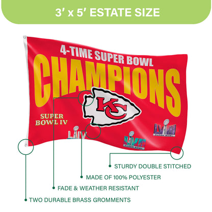 Sublimated flag Kansas City Chiefs 3x5 red flag with SB champions design in gold by Evergreen on Tampa Home & Garden Store