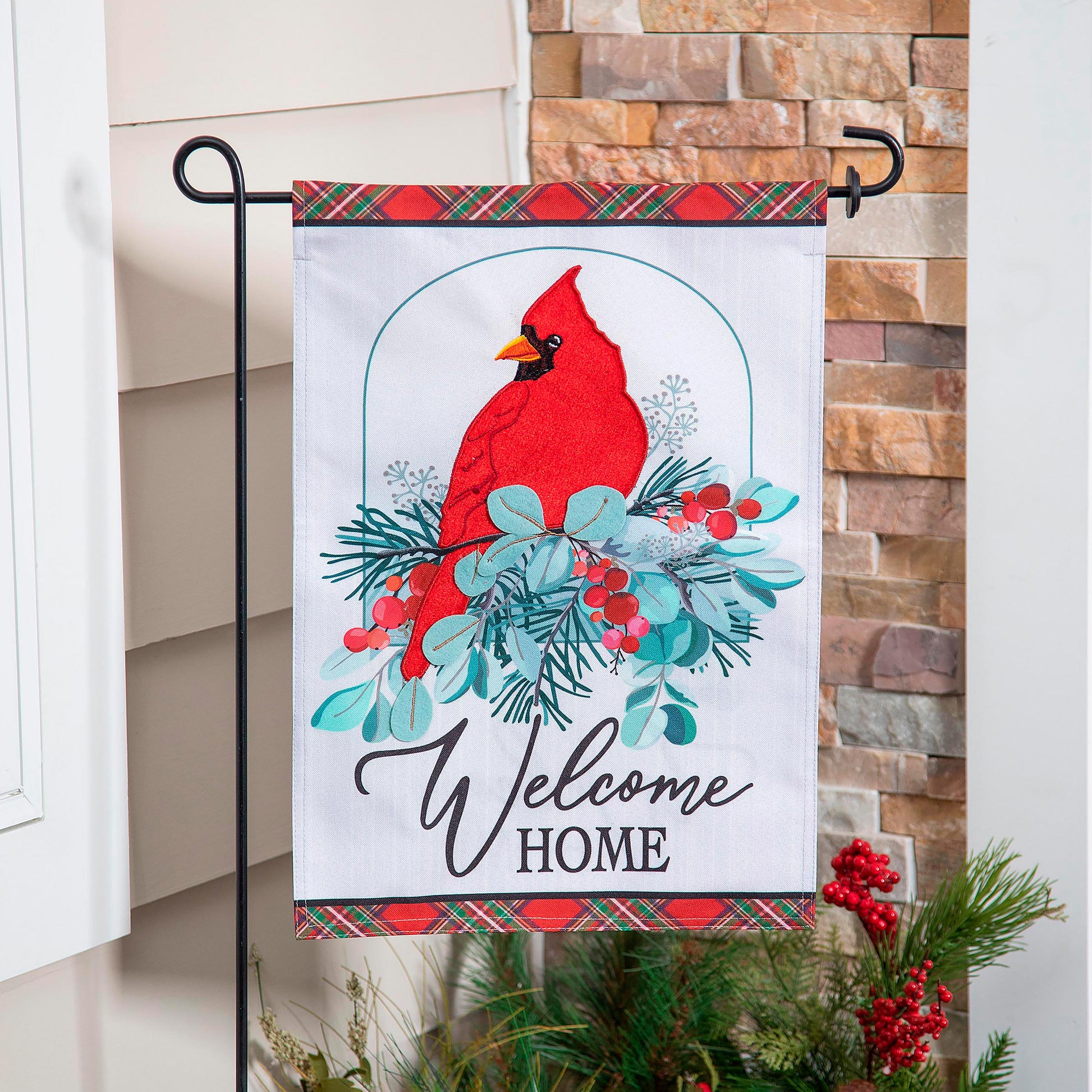 Winter Welcome Moire Garden Flag by Evergreen Enterprises with cardinal motif and greenery on Tampa Home & Garden Store