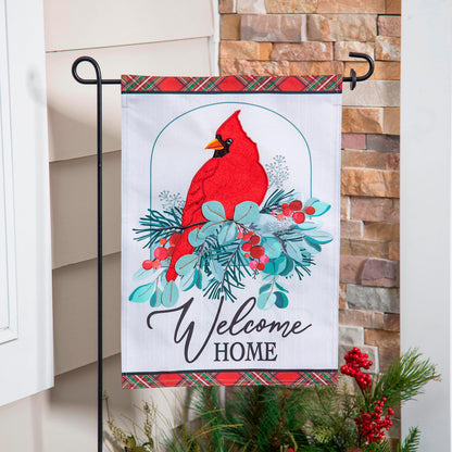 Winter Welcome Moire Garden Flag by Evergreen Enterprises with cardinal motif and greenery on Tampa Home & Garden Store