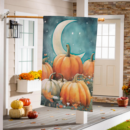 Watercolor Pumpkin Patch Suede House Flag teal night sky with crescent moon and pumpkins on Tampa Home & Garden Store