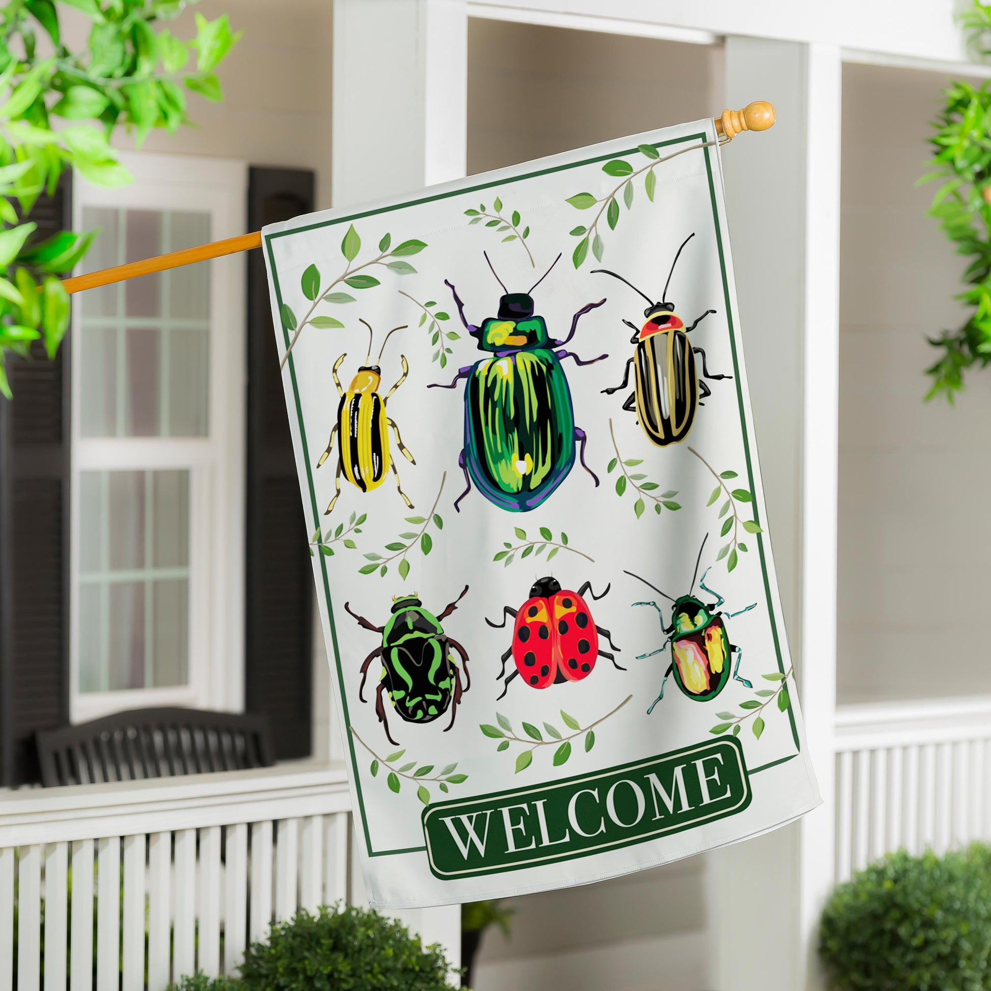 Garden Beetles Applique House Flag with beetles and green leaves Evergreen Enterprises on Tampa Home & Garden Store