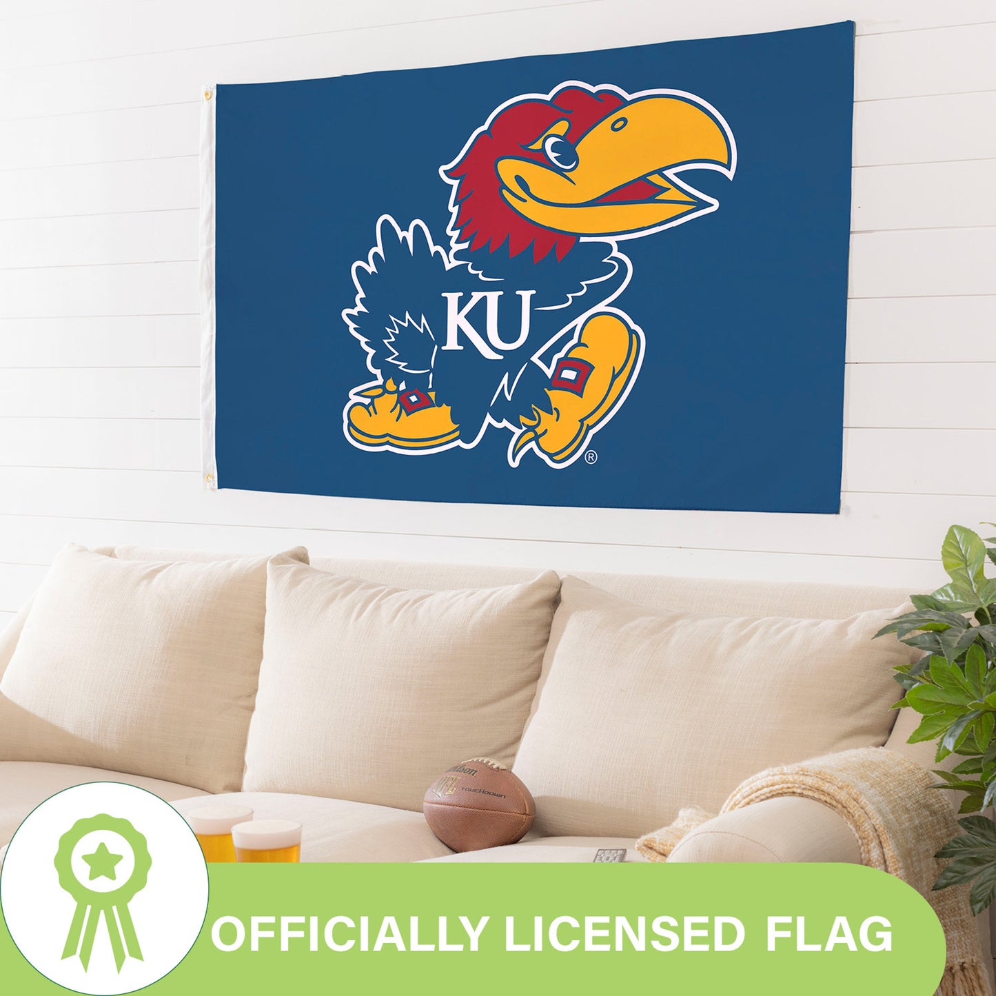 University of Kansas estate flag 3x5, single-sided with 2 grommets, Jayhawk on blue by Evergreen on Tampa Home & Garden Store