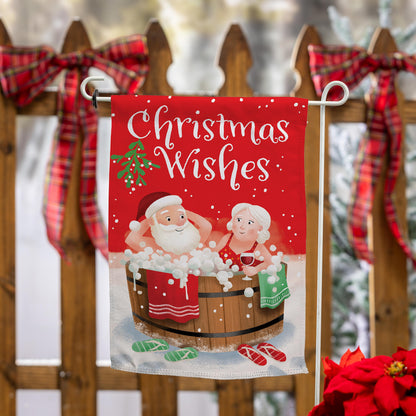 Christmas Wishes Suede Garden Flag red with Santa Claus illustration for outdoor decor on Tampa Home & Garden Store