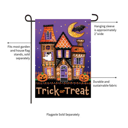 Trick or Sweets Lustre Garden Flag purple Halloween scene with orange houses moon and bat on Tampa Home & Garden Store
