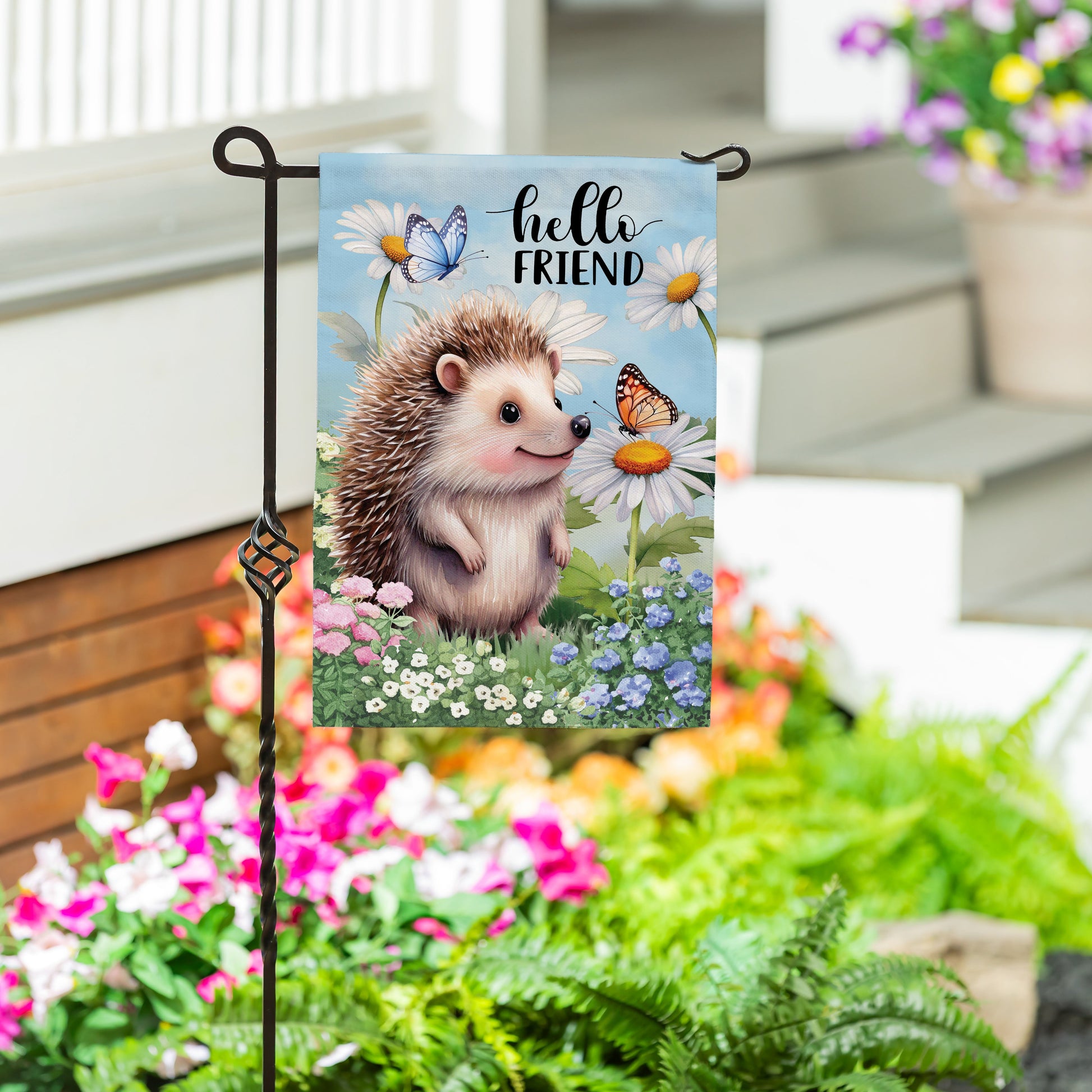 Hedgehog & Daisies Burlap Garden Flag with hedgehog among daisies and butterflies hello friend text on Tampa Home & Garden Store