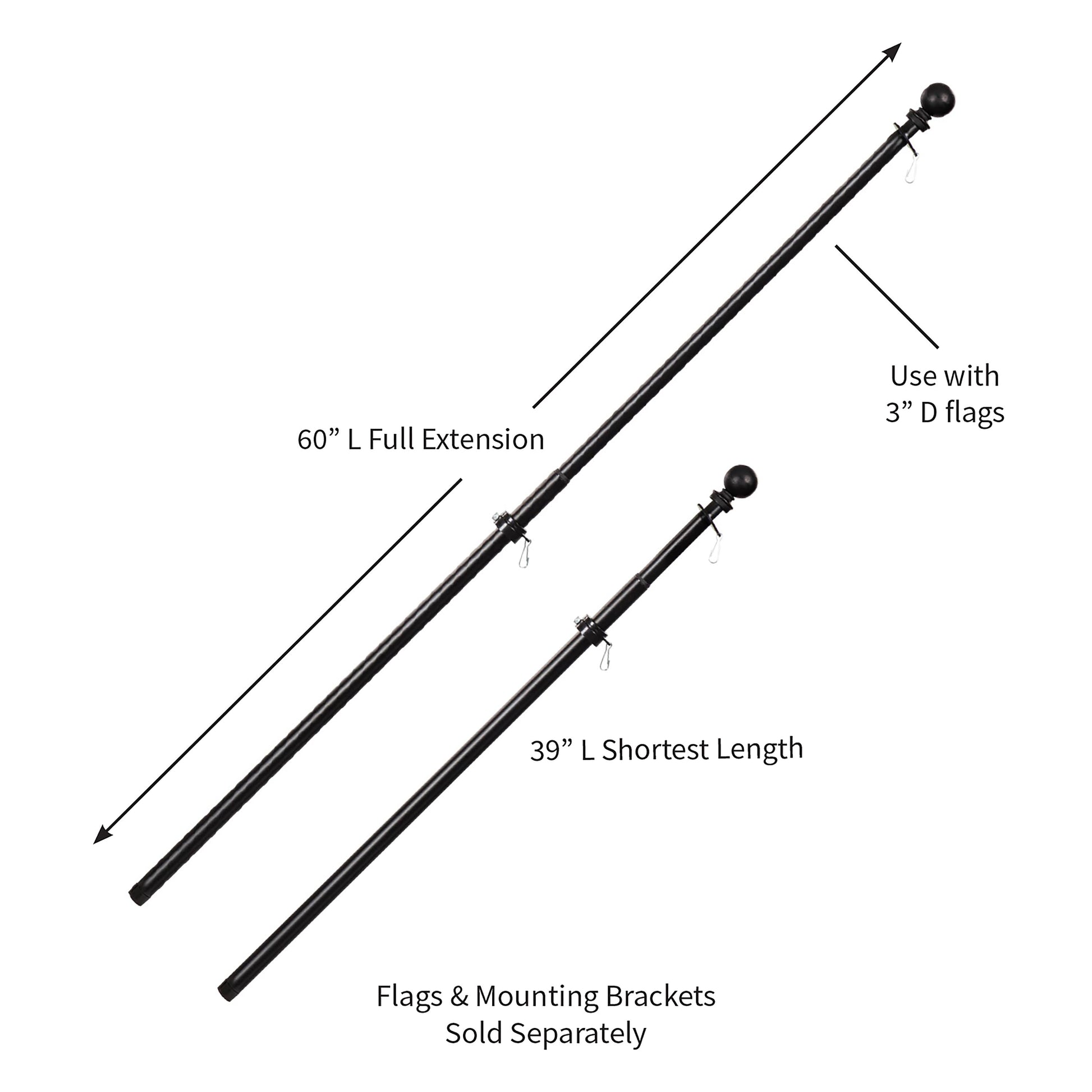 Extendable metal house flag pole in black with ball top; 60" full ext, 39" shortest length on Tampa Home & Garden Store