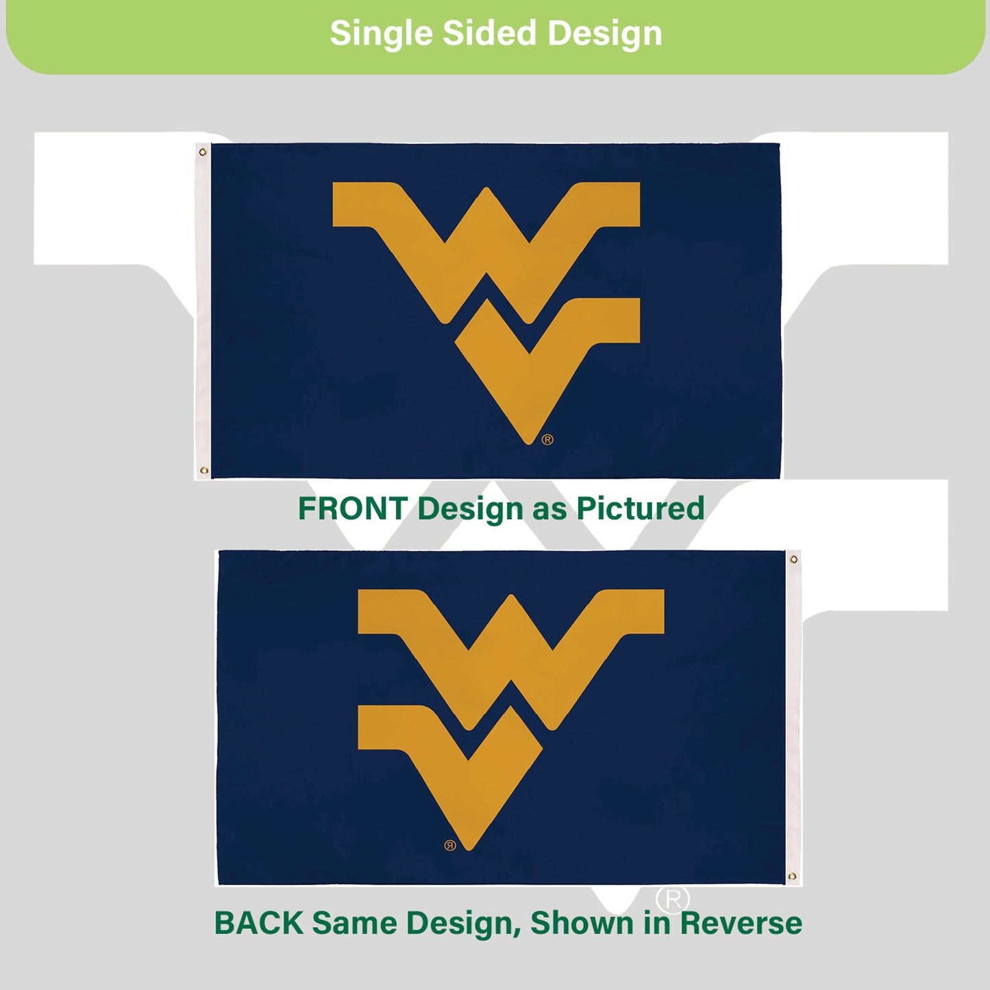 West Virginia University estate flag, navy with gold WV logo, 3x5, single-sided with 2 grommets on Tampa Home & Garden Store