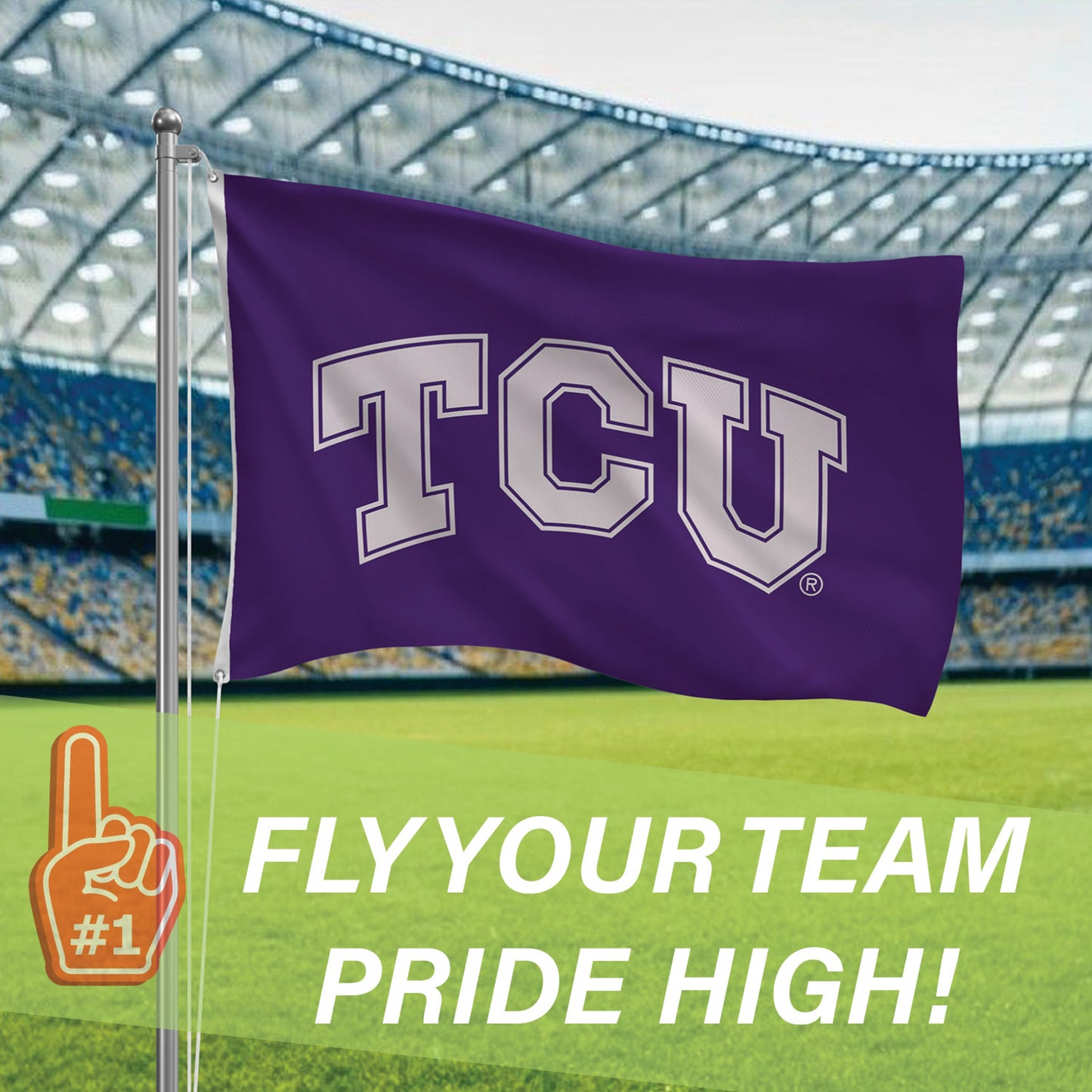 Texas Christian University 3x5 single-sided flag, purple with white TCU letters, 2 grommets on Tampa Home & Garden Store