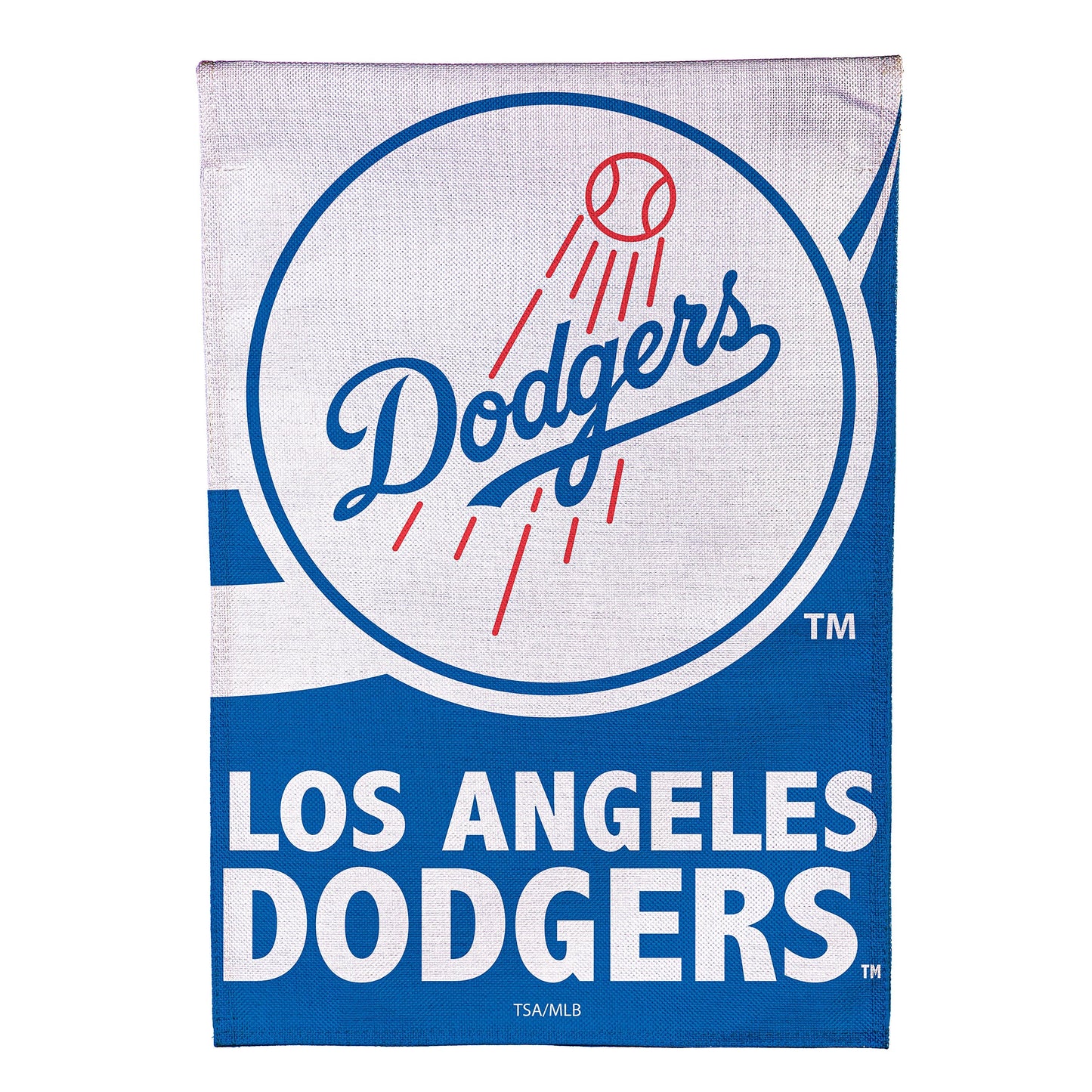 Los Angeles Dodgers burlap garden flag with blue script logo on white burlap and blue trim on Tampa Home & Garden Store