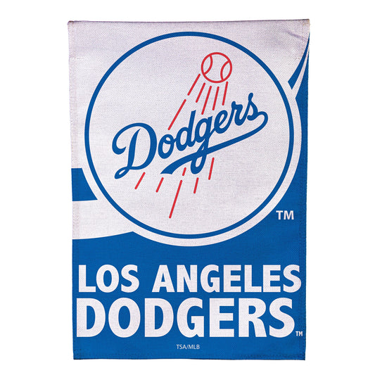 Los Angeles Dodgers burlap garden flag with blue script logo on white burlap and blue trim on Tampa Home & Garden Store