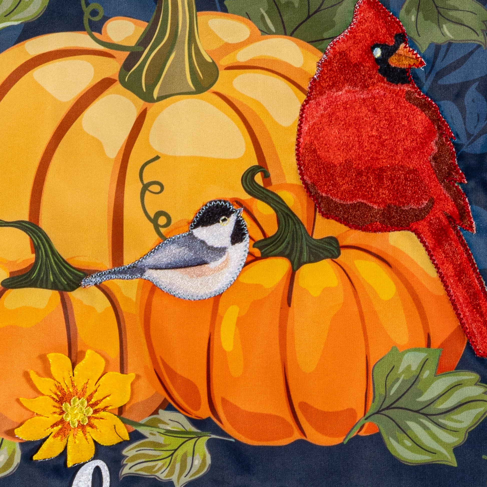 Welcome Friends of Fall Applique Garden Flag with orange pumpkins and red cardinal on Tampa Home & Garden Store