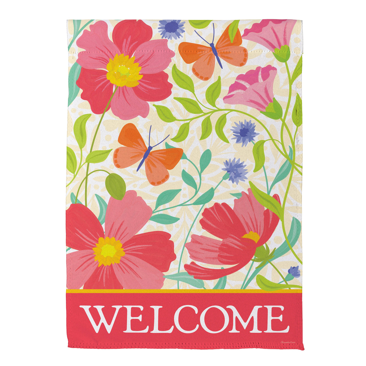 Wildflower Bunch Suede House Flag with pink blooms and orange butterfly on cream background on Tampa Home & Garden Store