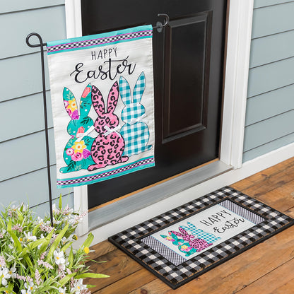 Bright Bunnies Garden Applique Flag with colorful bunny silhouettes in floral and gingham prints on Tampa Home & Garden Store