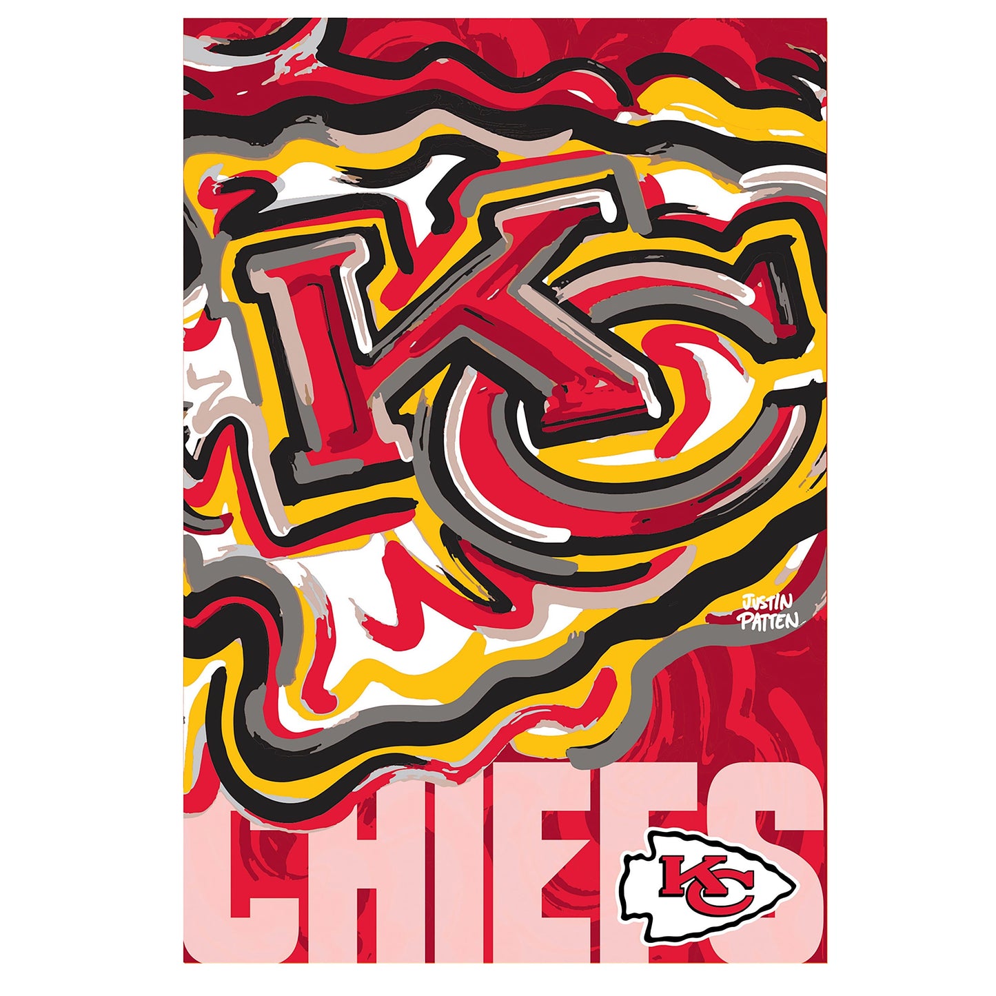 Kansas City Chiefs suede flag with red, yellow, black abstract art and Justin Patten logo by Evergreen on Tampa Home & Garden Store