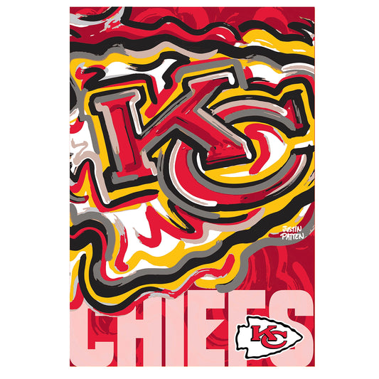 Kansas City Chiefs suede flag with red, yellow, black abstract art and Justin Patten logo by Evergreen on Tampa Home & Garden Store
