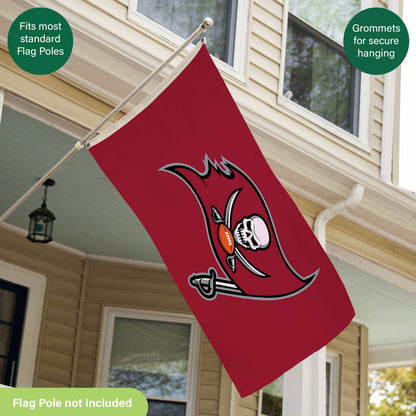 Tampa Bay Buccaneers 3x5 single-sided sublimated flag with 2 grommets, hanging from flagpole on Tampa Home & Garden Store
