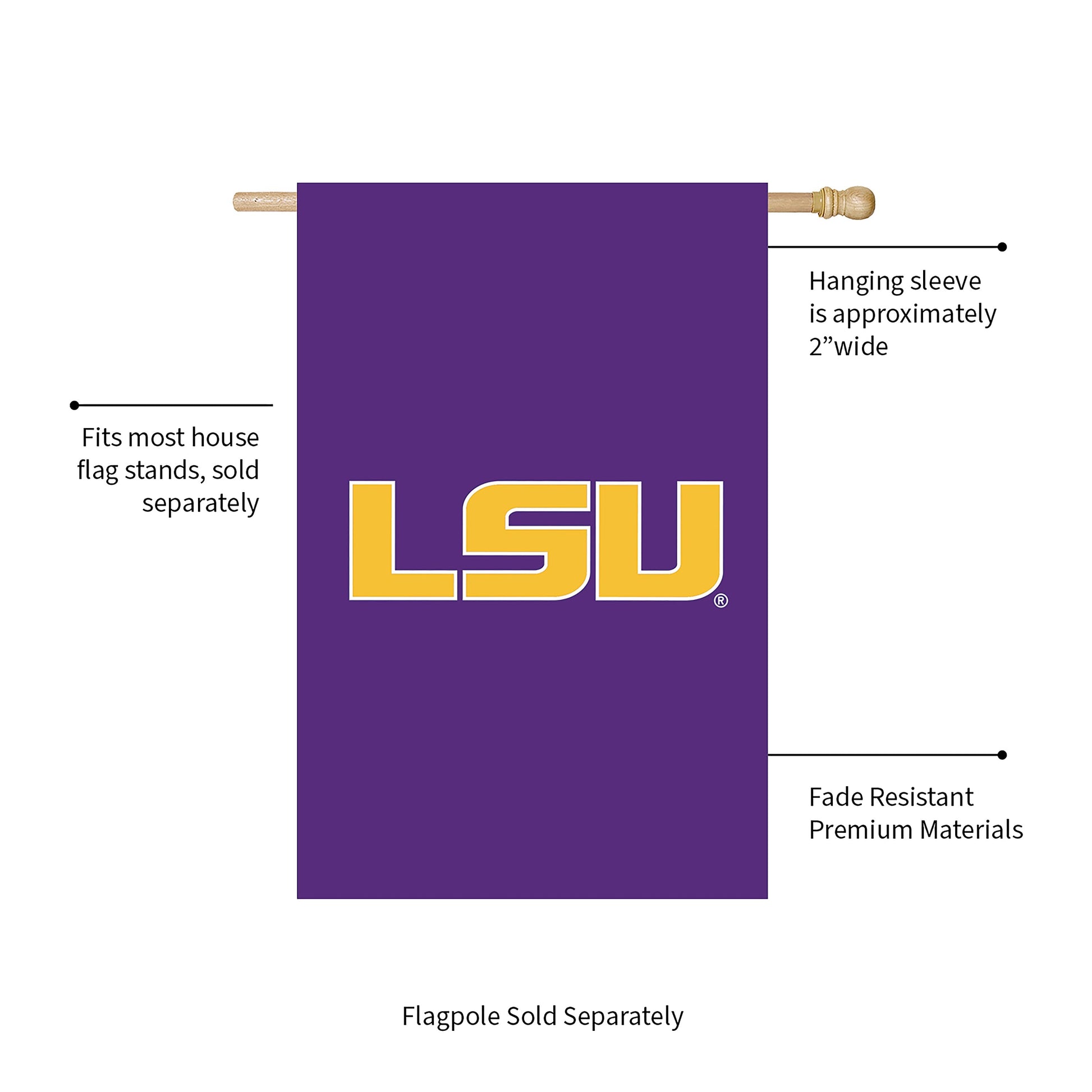 LSU applique house flag in purple with gold lettering on a wooden flagpole by Evergreen on Tampa Home & Garden Store