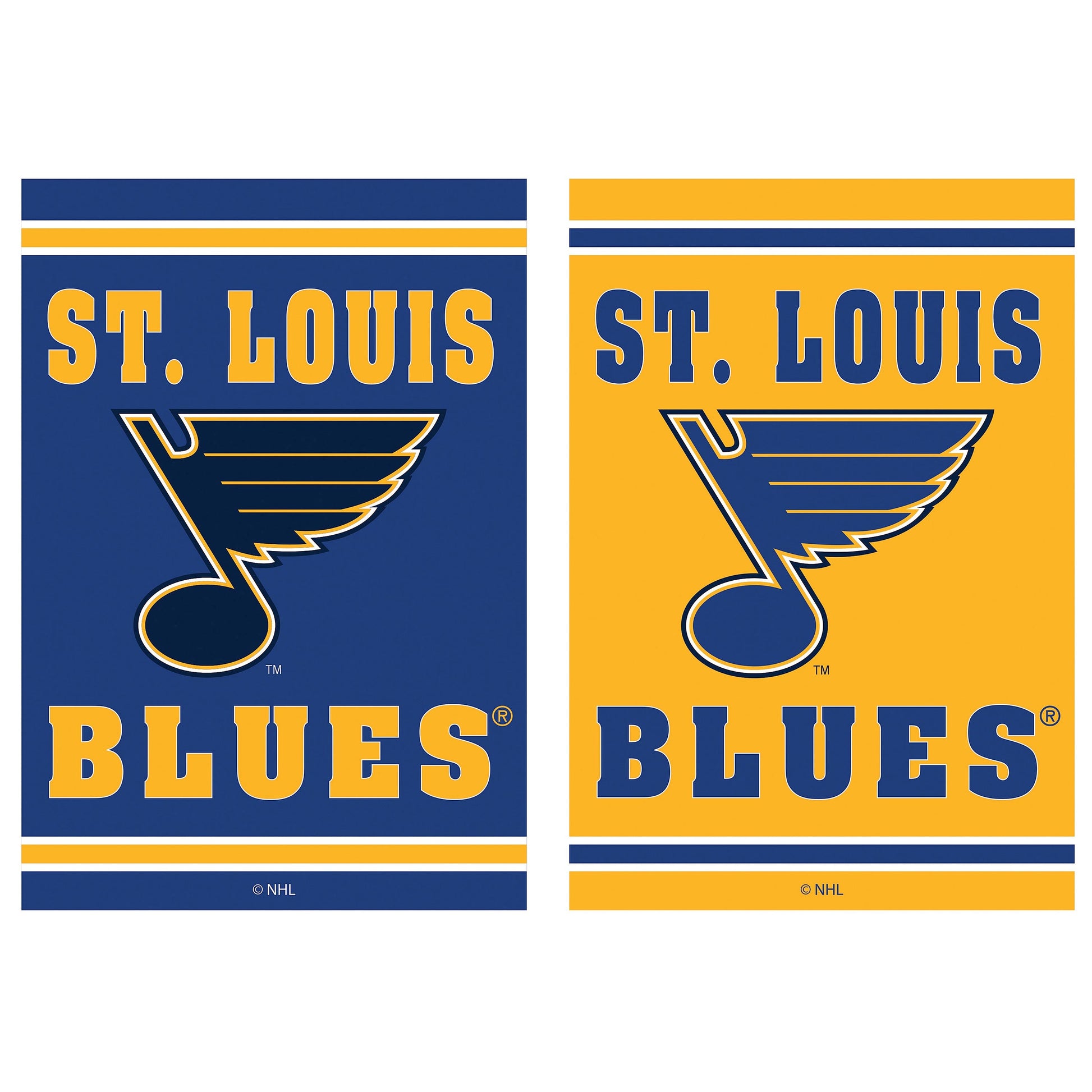 St. Louis Blues embossed suede house flags in blue and gold with logo by Evergreen Enterprises on Tampa Home & Garden Store