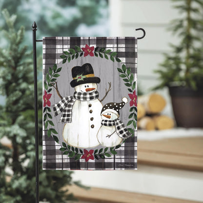 Country Snowmen Moire Garden Flag, plaid backdrop and snowman design, Evergreen Enterprises on Tampa Home & Garden Store