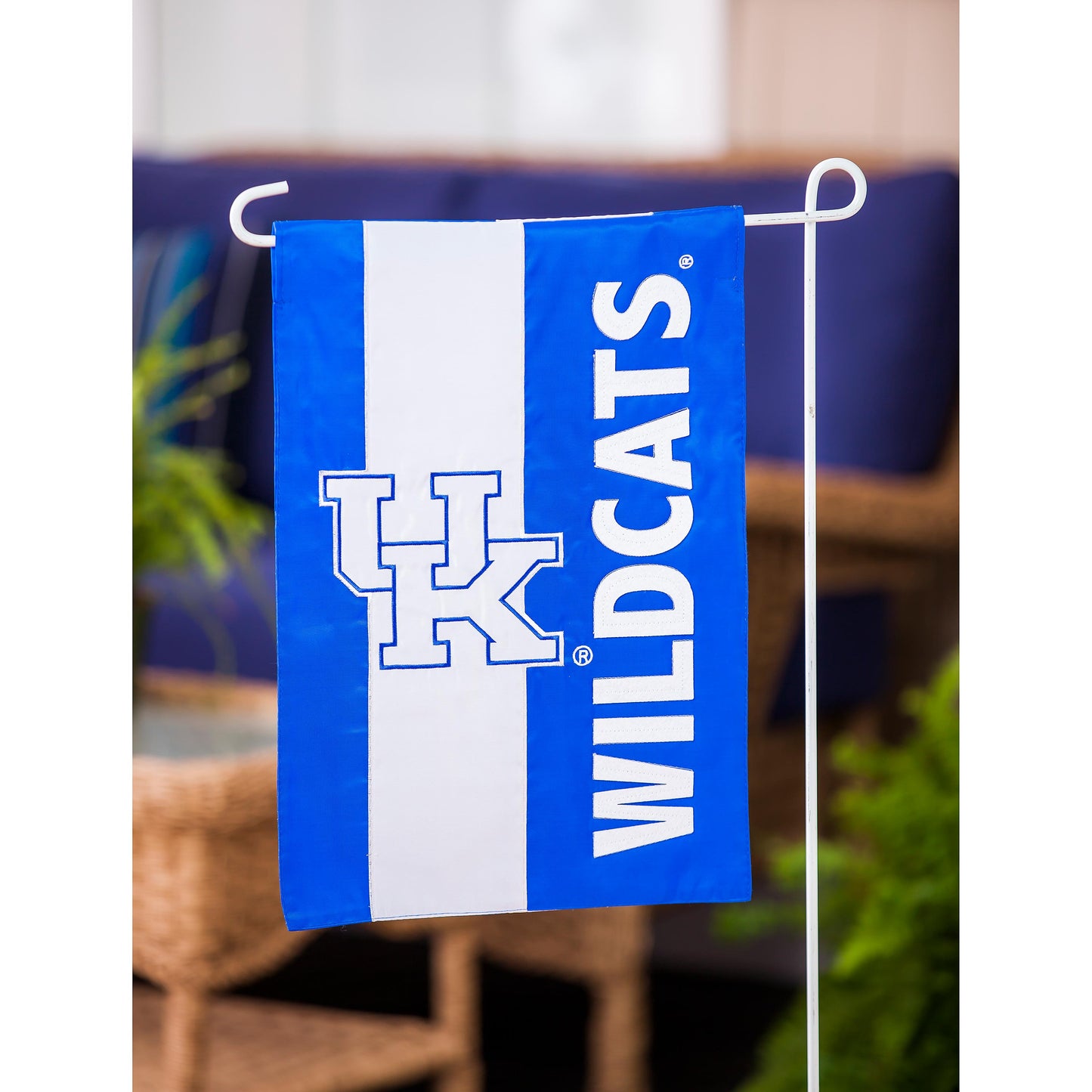 University of Kentucky Embellished Garden Flag, blue and white applique on metal stand on Tampa Home & Garden Store