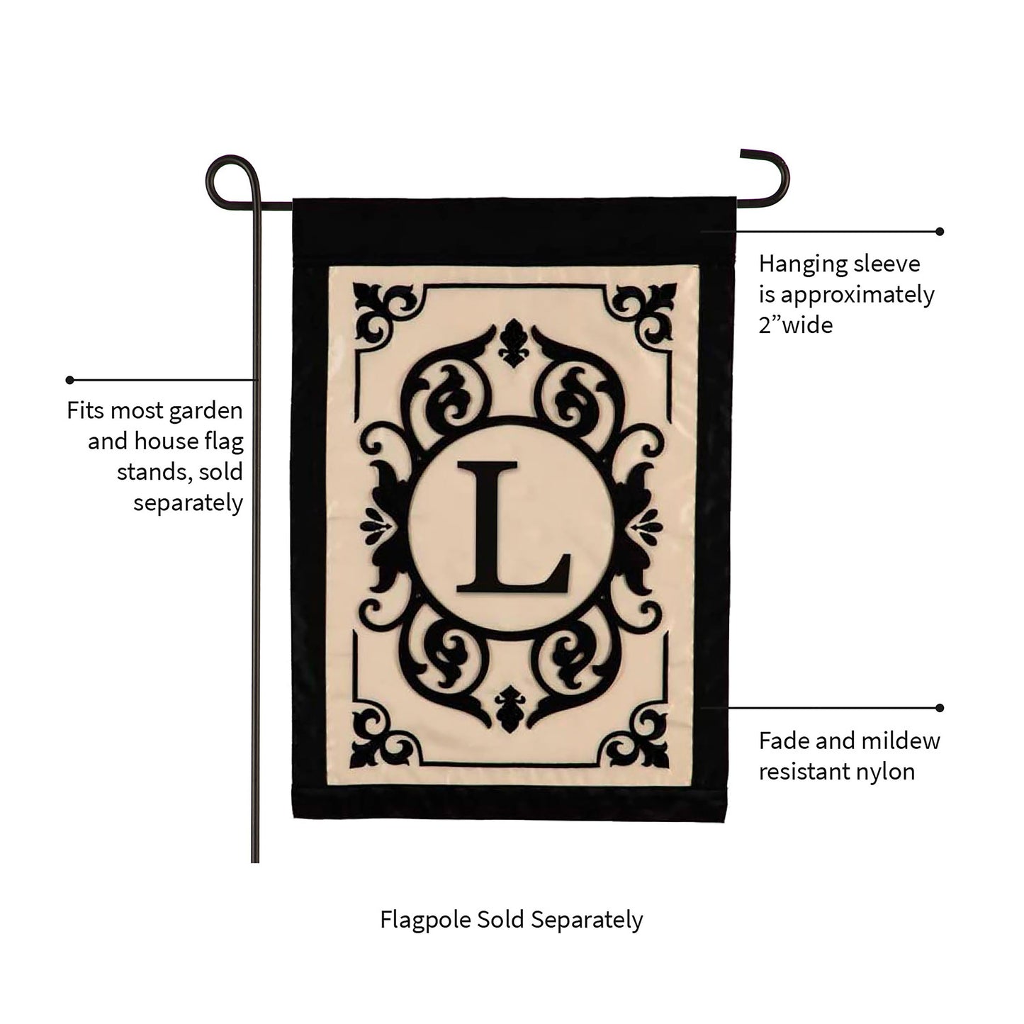 Cambridge Monogram Garden Flag Letter L; cream field with black L border; Evergreen Enterprises on Tampa Home & Garden Store