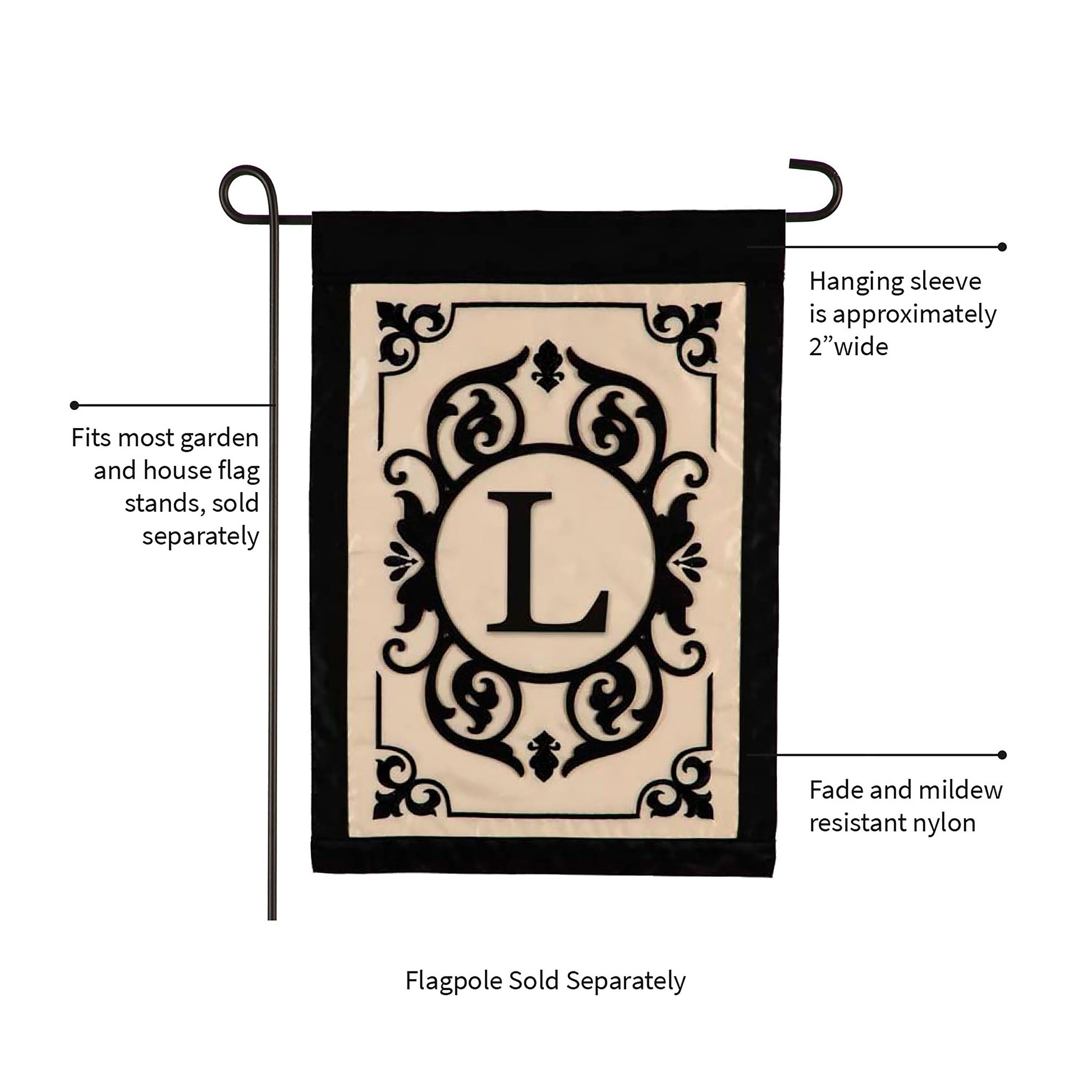 Cambridge Monogram Garden Flag Letter L; cream field with black L border; Evergreen Enterprises on Tampa Home & Garden Store