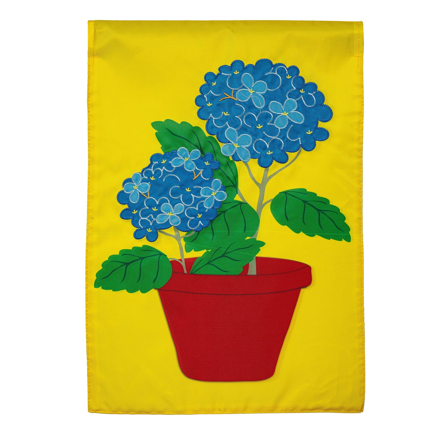 Hydrangea applique garden flag blue hydrangea cluster on yellow backdrop with green leaves on Tampa Home & Garden Store