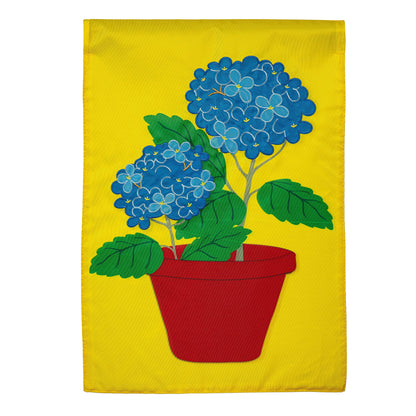 Hydrangea applique garden flag blue hydrangea cluster on yellow backdrop with green leaves on Tampa Home & Garden Store