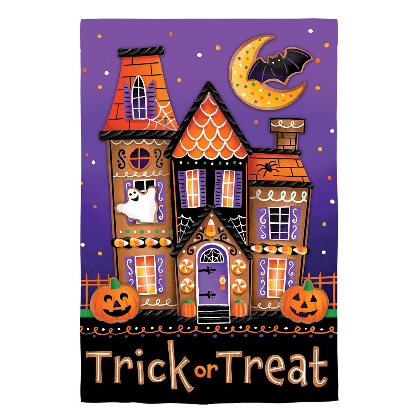 Trick or Sweets Lustre House Flag with orange bricks and purple shutters on purple background on Tampa Home & Garden Store