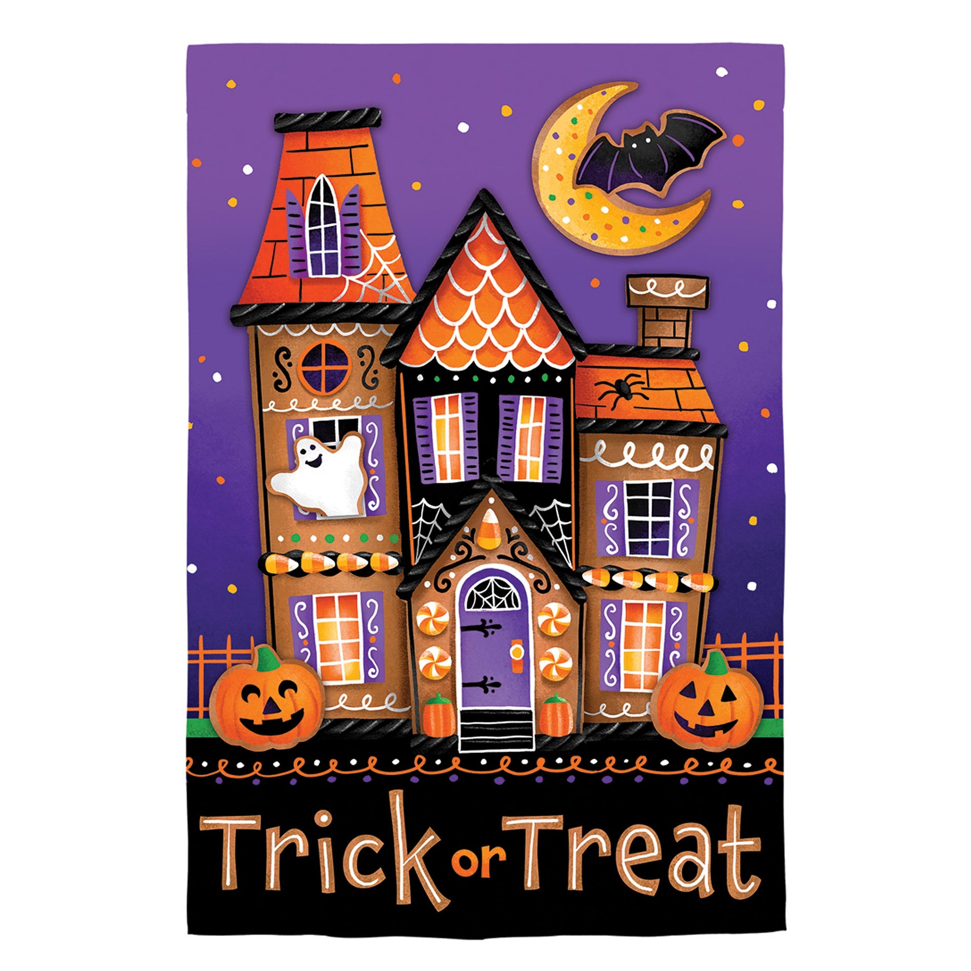 Trick or Sweets Lustre House Flag with orange bricks and purple shutters on purple background on Tampa Home & Garden Store