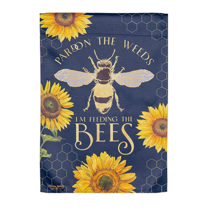Suede garden flag navy blue with sunflowers and bee on honeycomb pattern on Tampa Home & Garden Store
