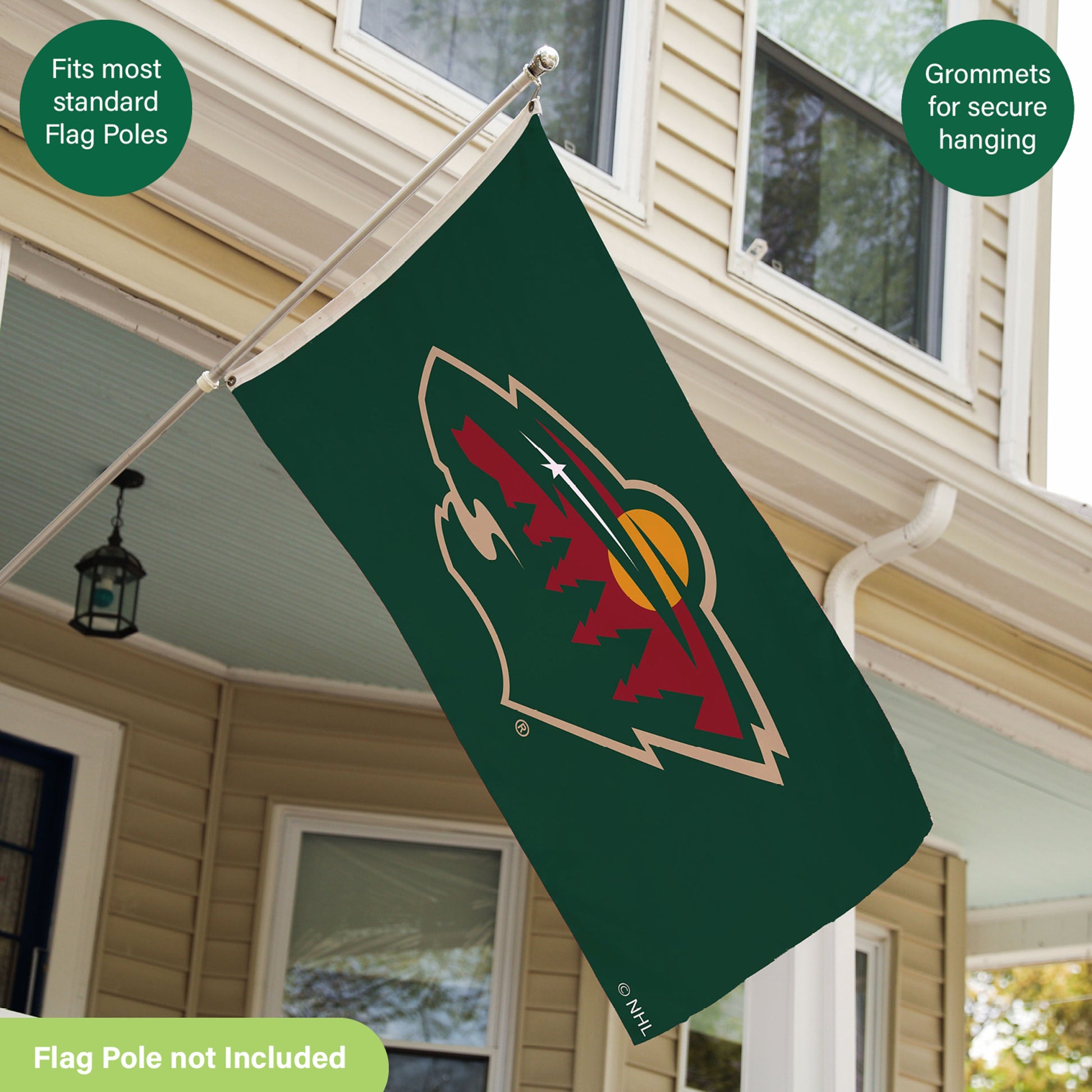 Minnesota Wild flag, green, single-sided sublimated, 3x5 with 2 grommets on Tampa Home & Garden Store