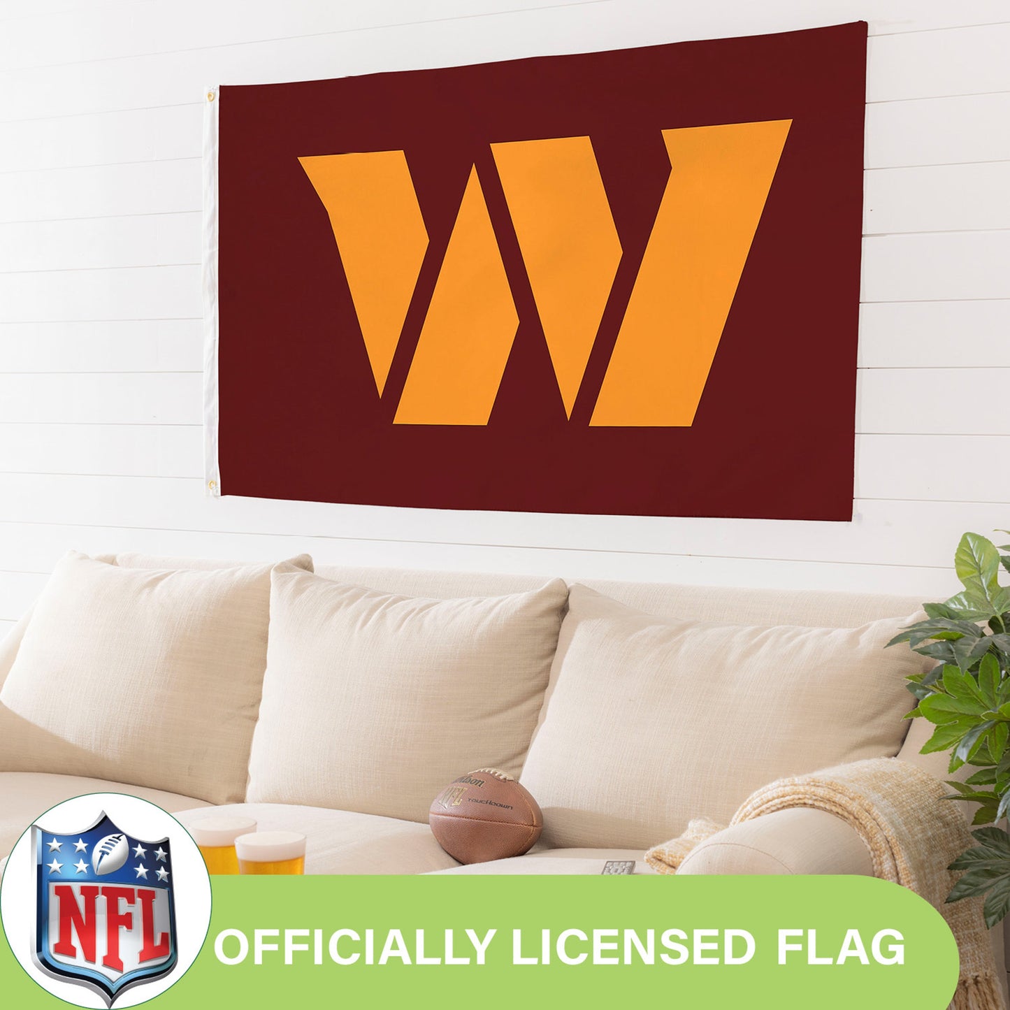 Washington Commanders 3x5 single-sided flag with 2 grommets, maroon with orange W logo on Tampa Home & Garden Store
