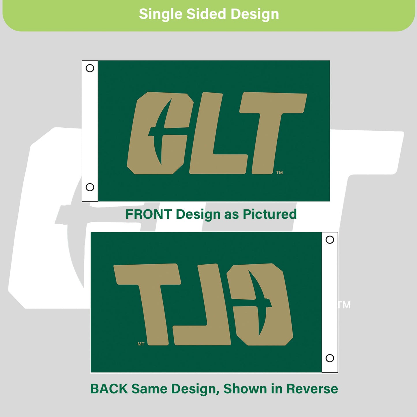 Sublimated flag UNC Charlotte 3x5, single-sided with 2 grommets on green field and gold UNC letters, Evergreen Enterprises