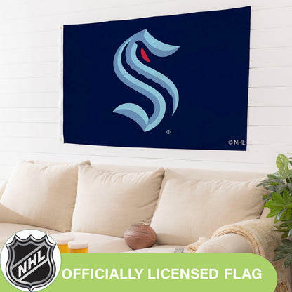 Seattle Kraken flag 3x5, single-sided, 2 grommets, navy with light blue logo on Tampa Home & Garden Store