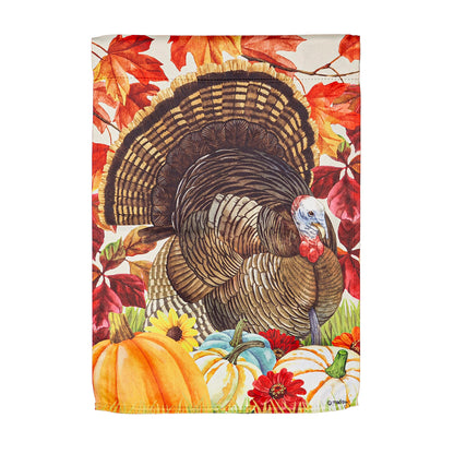 November Turkey Garden Suede Flag featuring a turkey with autumn leaves and pumpkins on Tampa Home & Garden Store