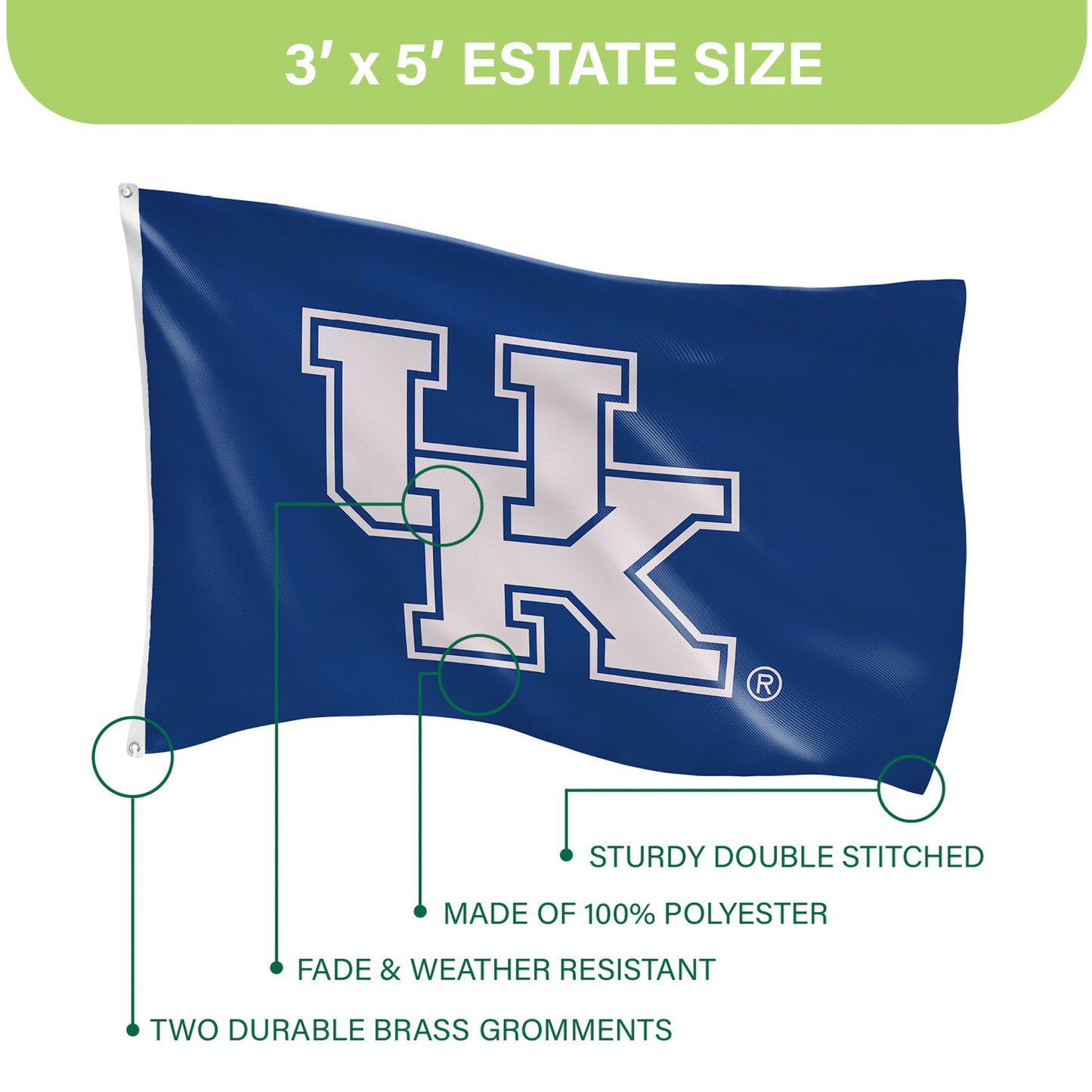 University of Kentucky blue single-sided estate flag 3x5 with white letters, 2 grommets on Tampa Home & Garden Store