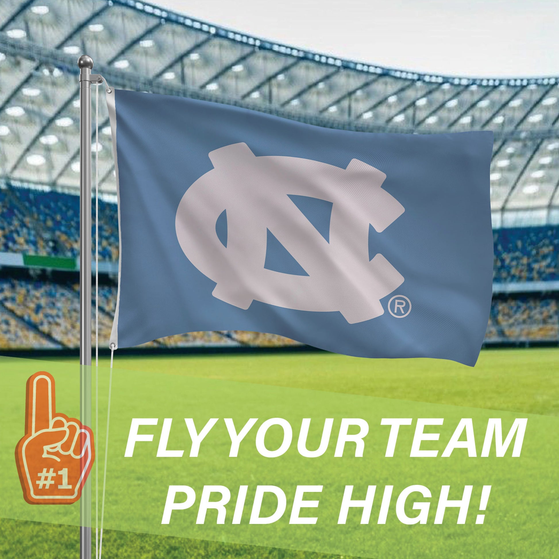 University of North Carolina flag 3x5 blue with interlocking NC logo and 2 grommets on Tampa Home & Garden Store