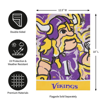 Minnesota Vikings suede flag by Evergreen Enterprises, Justin Patten artwork in purple and gold on Tampa Home & Garden Store