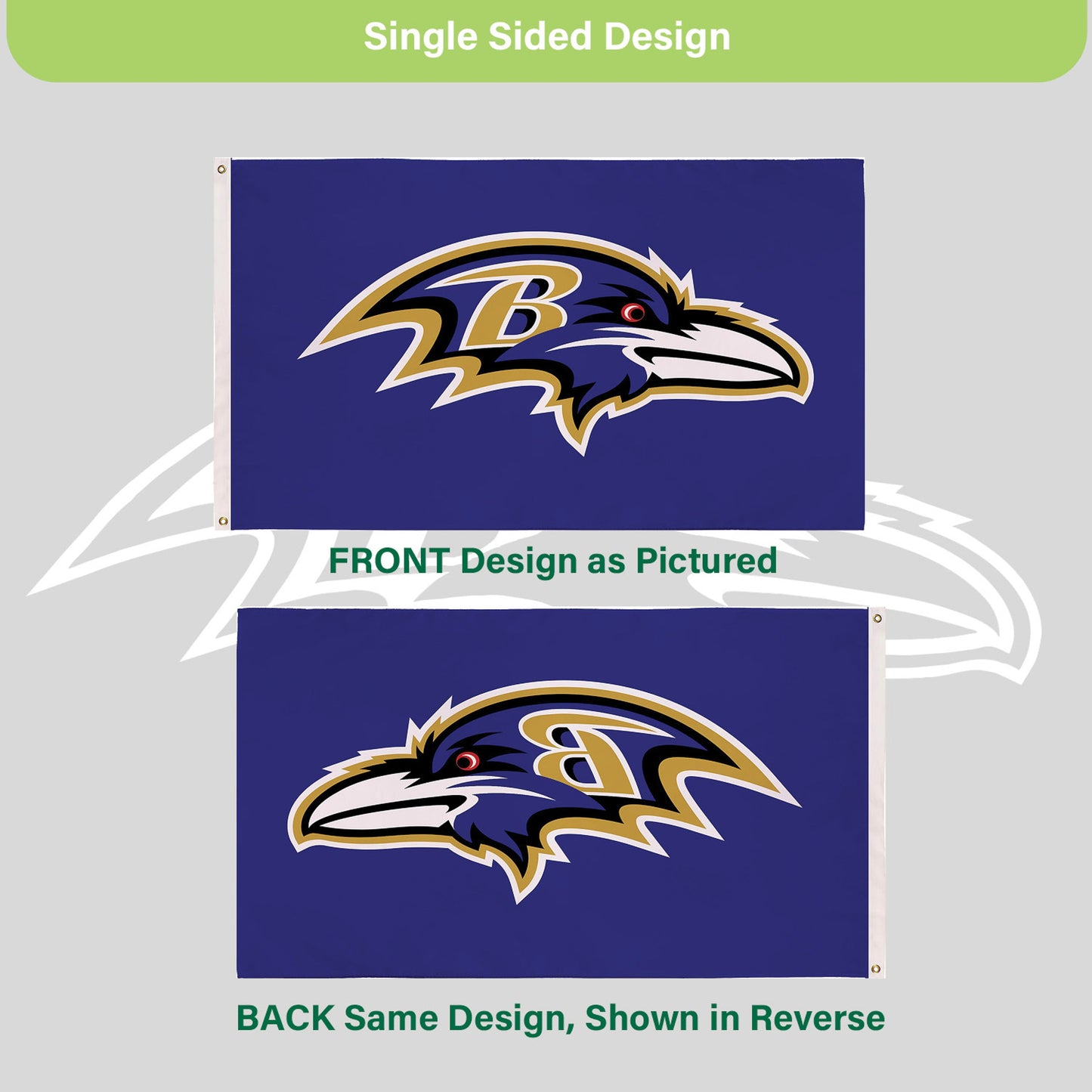 Baltimore Ravens 3x5 sublimated flag with 2 grommets, purple field and raven logo on Tampa Home & Garden Store