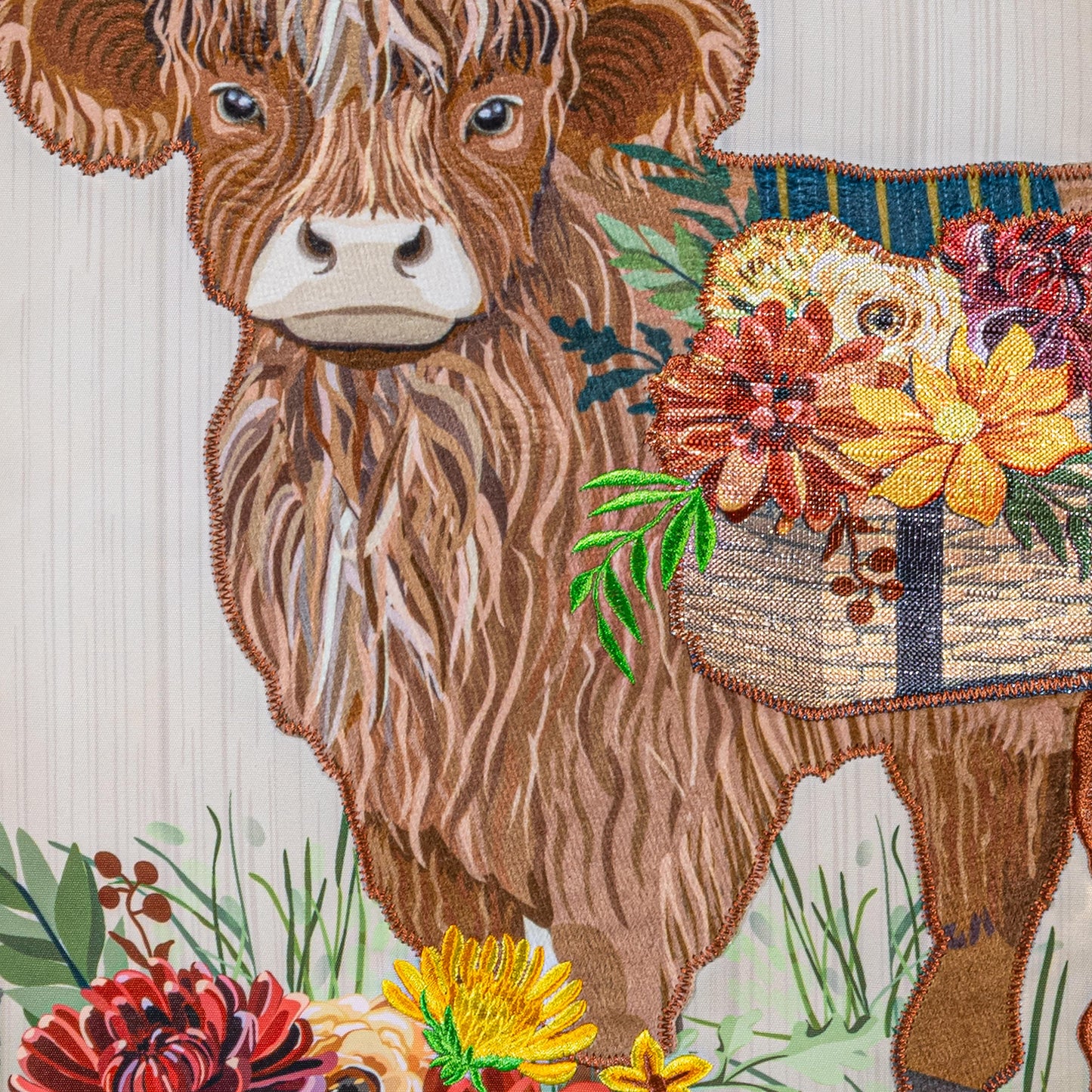 Highland Cow Fall Floral Applique Garden Flag brown cow with autumn flowers border on Tampa Home & Garden Store