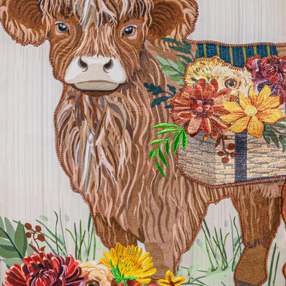 Highland Cow Fall Floral Applique Garden Flag brown cow with autumn flowers border on Tampa Home & Garden Store