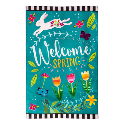 Applique house flag Welcome Spring Bunny on teal background with white bunny and floral accents on Tampa Home & Garden Store