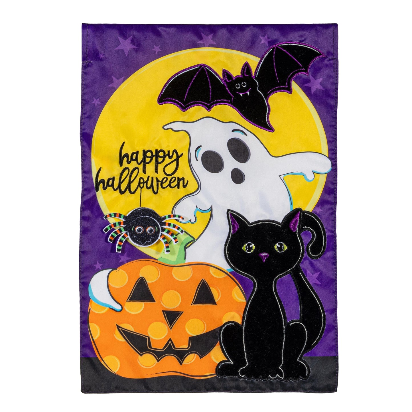 Halloween Friends Applique Garden Flag purple background with orange pumpkin, ghost and bat on Tampa Home & Garden Store