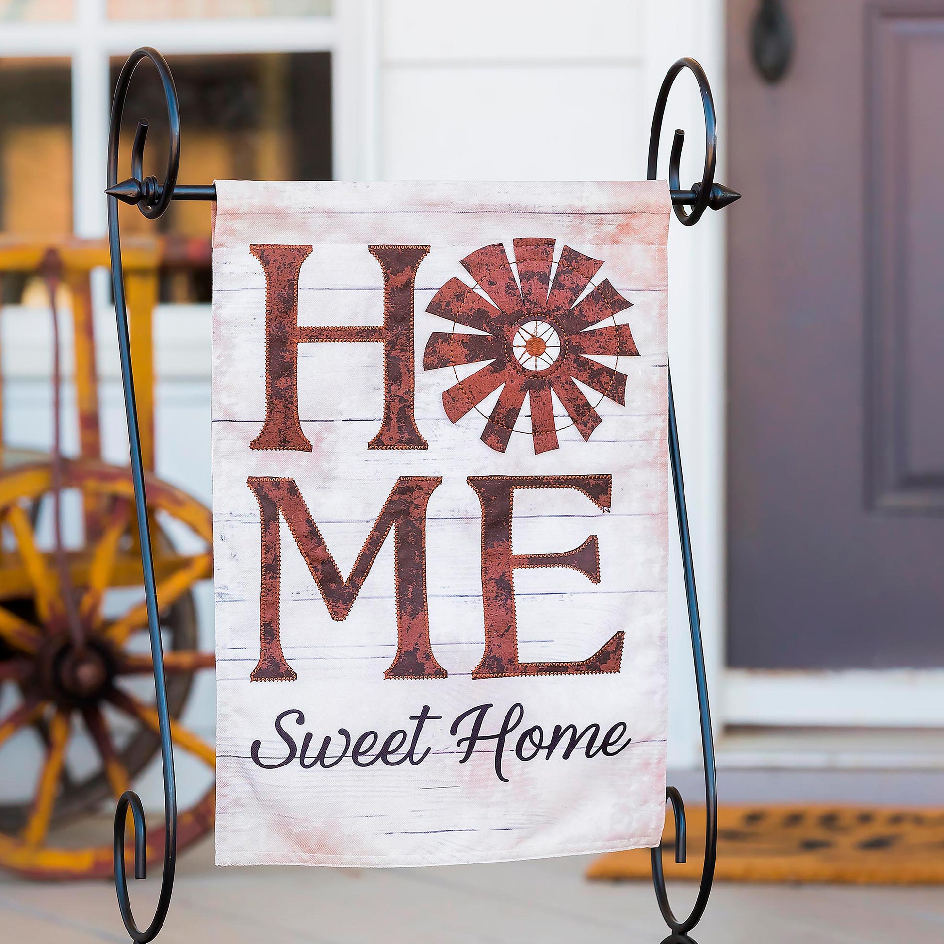 Windmill Home Sweet Home Linen Garden Flag with a rust-red windmill graphic on a pale background on Tampa Home & Garden Store