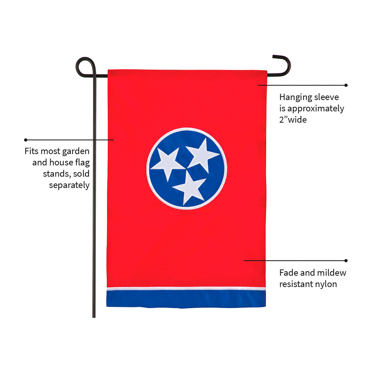 Tennessee State Flag Garden Applique Flag red nylon with blue circle and white stars on Tampa Home & Garden Store