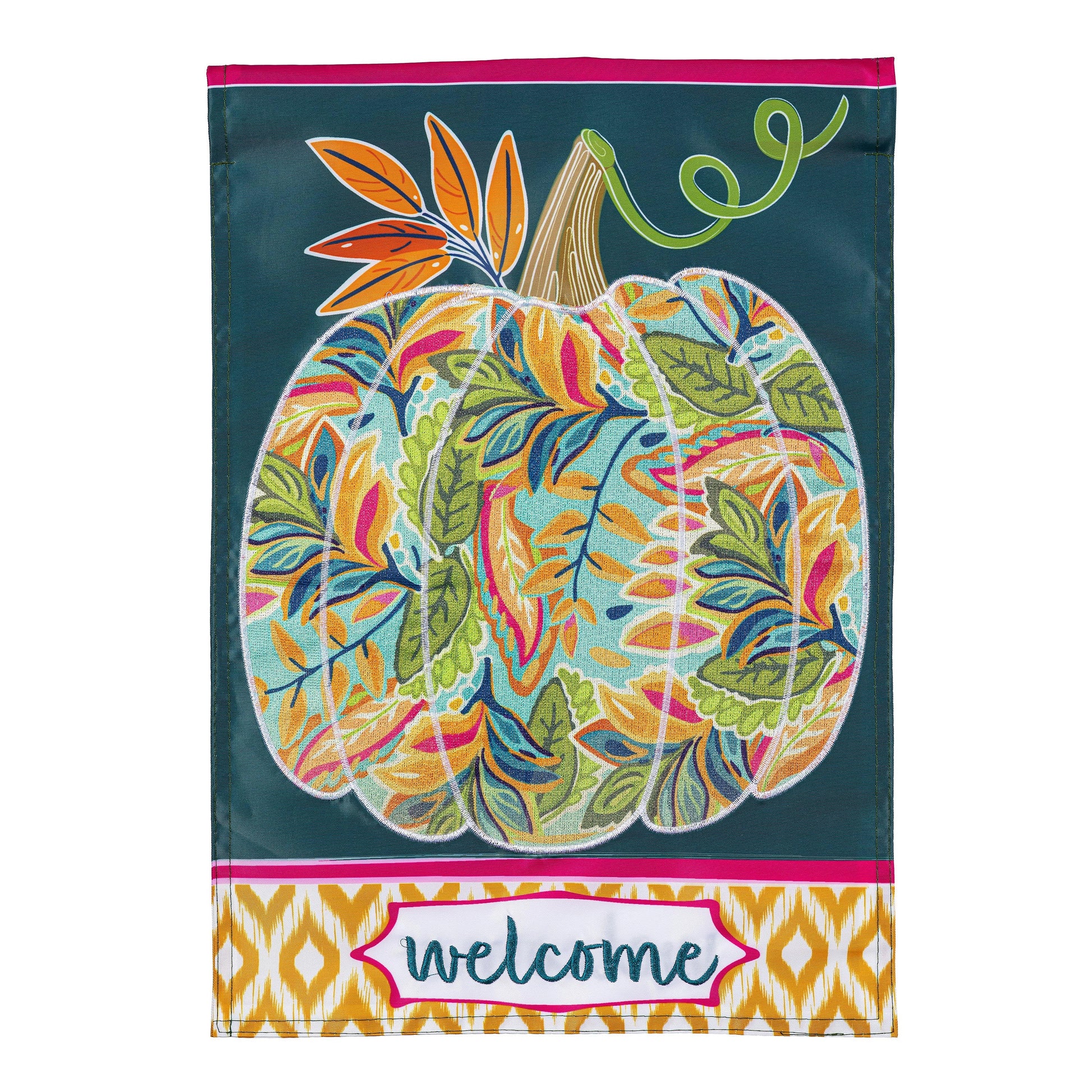 Patterned Jacobean Floral Pumpkin Applique Garden Flag teal with pumpkin motif Evergreen on Tampa Home & Garden Store