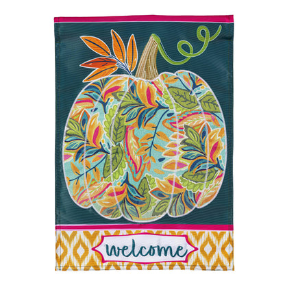 Patterned Jacobean Floral Pumpkin Applique Garden Flag teal with pumpkin motif Evergreen on Tampa Home & Garden Store