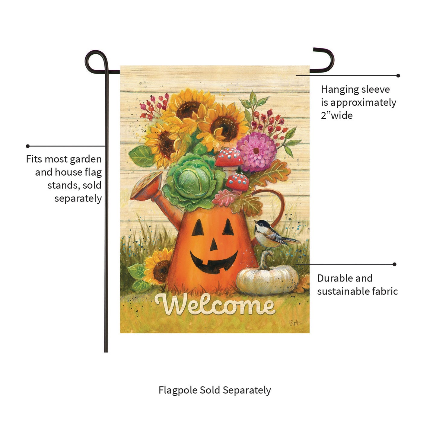Halloween Watering Can Suede Garden Flag pumpkin vase with sunflowers and berries on Tampa Home & Garden Store